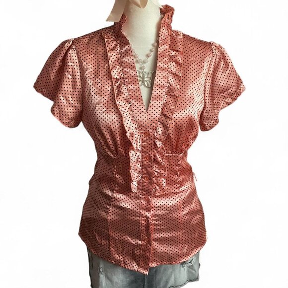 Pink Polka Dot Satin Blouse with Ruffles - Picture 1 of 6
